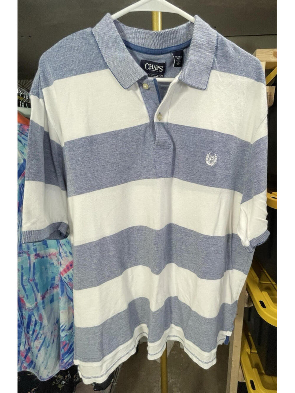 Chaps Natural Stretch Polo Shirt Mens XXL Blue White Striped Classic Fit Cotton
